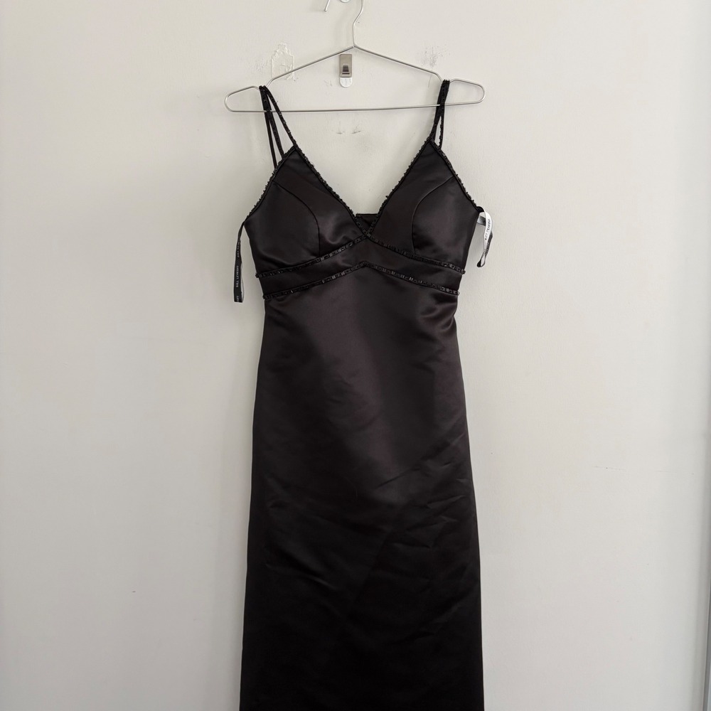 Bill Levkoff Black Satin Beaded Trim V-Neck Maxi Formal Gown Dress Size 4